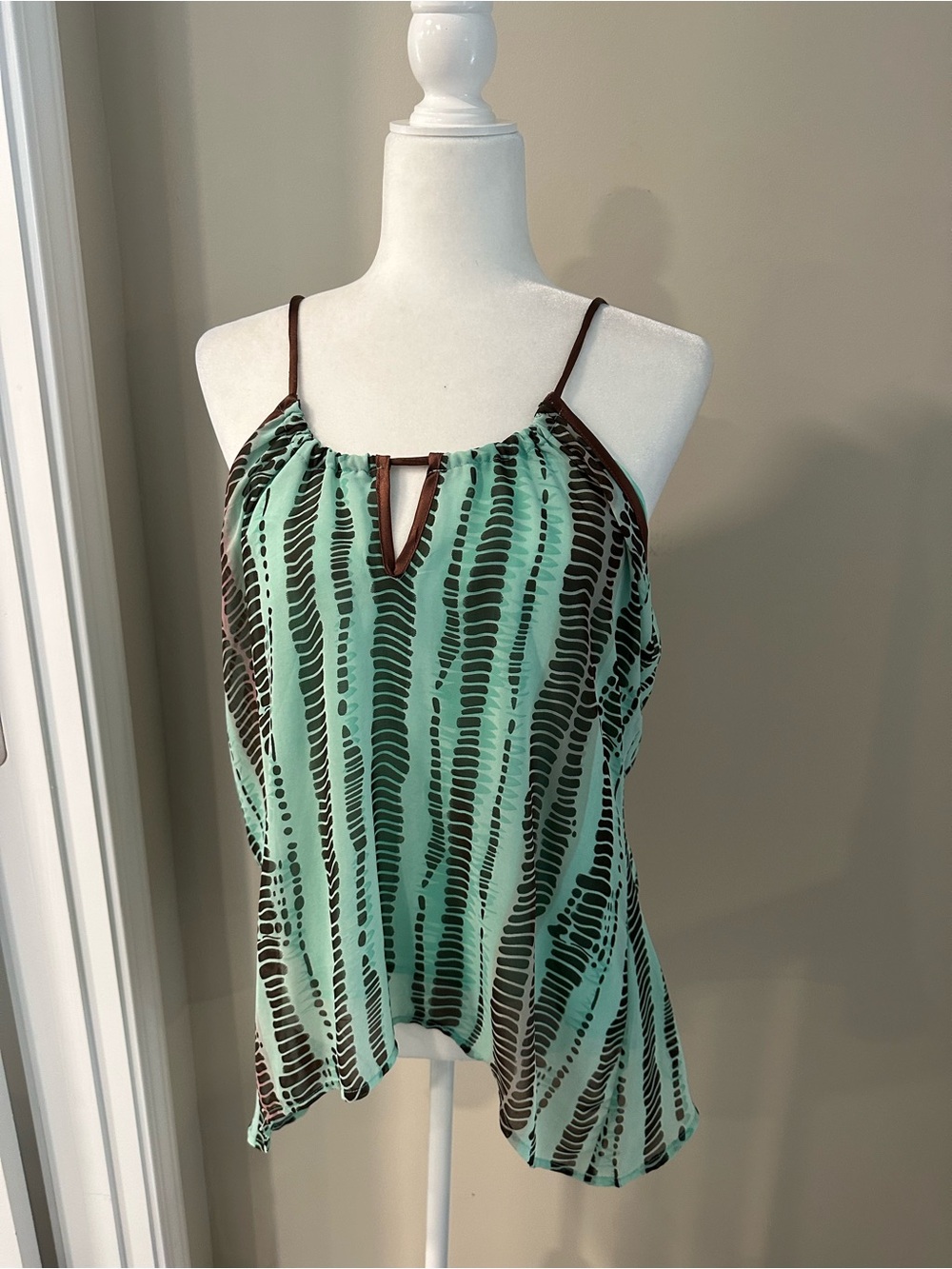 Buffalo David Bitton Mint Green and Brown Printed Spaghetti-Strap Camisole